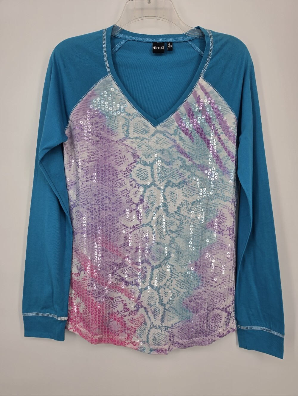 Cruel Girl Sequin Snakeskin Print Raglan Top Blue Purple Pink Women M Y2K Rodeo